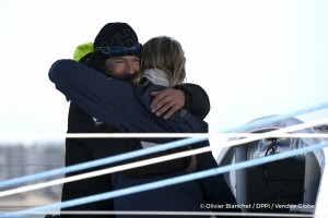 Wife Sam Davies during Finish arrival of Romain Attanasio (FRA), skipper Famille Mary - Etamine du Lys, 15th of the sailing circumnavigation solo race Vendee Globe, in Les Sables d'Olonne, France, on February 24th, 2017 - Photo Olivier Blanchet / DPPI / Vendee Globe Arrivée de Romain Attanasio (FRA), skipper Famille Mary - Etamine du Lys, 15ème du Vendee Globe, aux Sables d'Olonne, France, le 24 Février 2017 - Photo Olivier Blanchet / DPPI / Vendee Globe