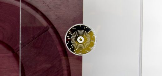 Medaglia ailes de mouette plexiglass con teatro tuscolo amaranto (orizzontale dettaglio)